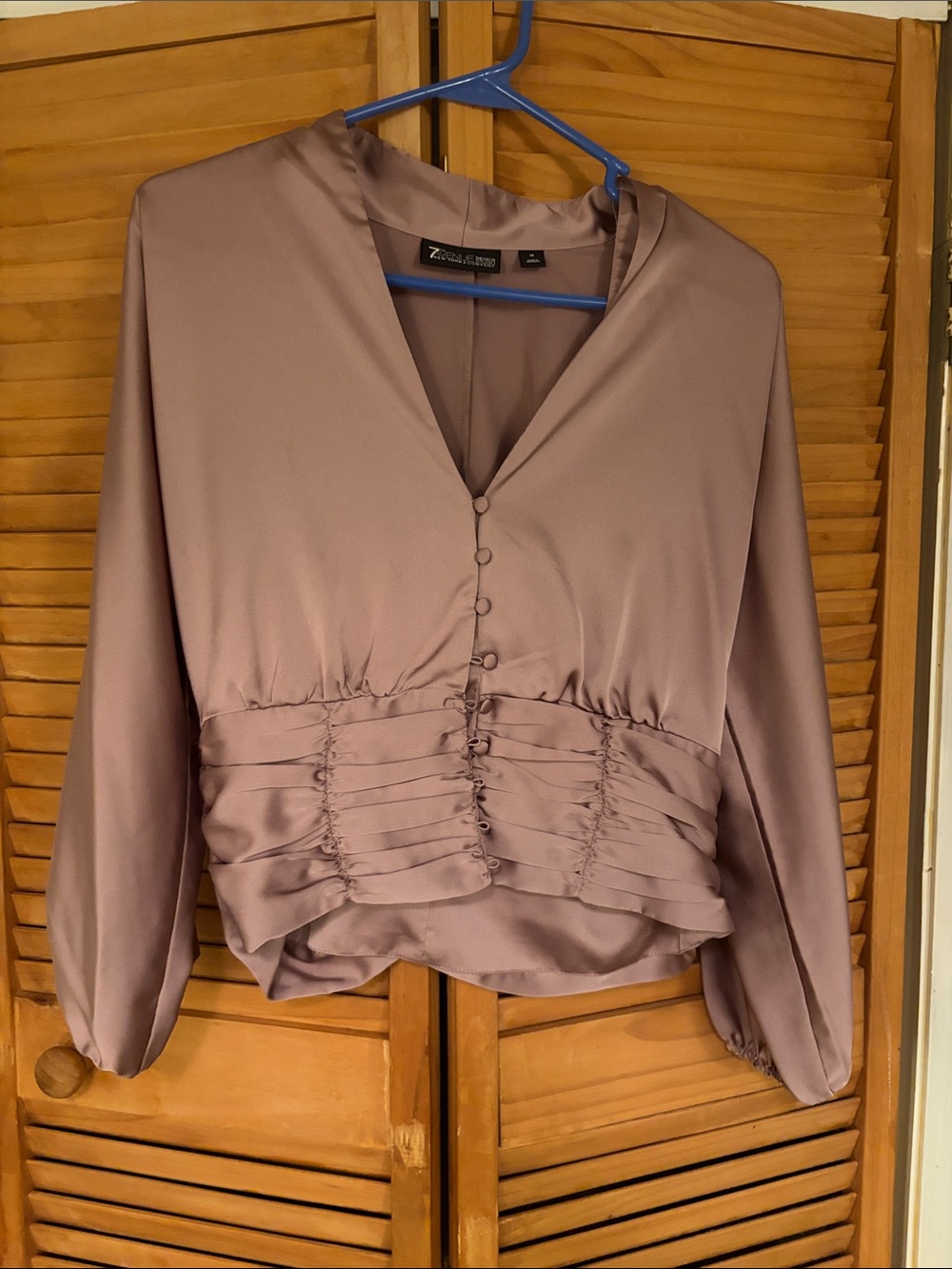 7th Avenue Mauve Satin Button-Front Ruched Waist Blouse